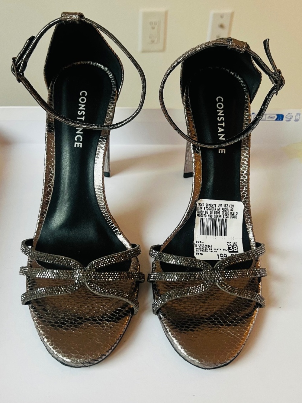 Women’s Metallic Rhinestone Block Heel Sandals – Gunmetal Gray – Size US 9